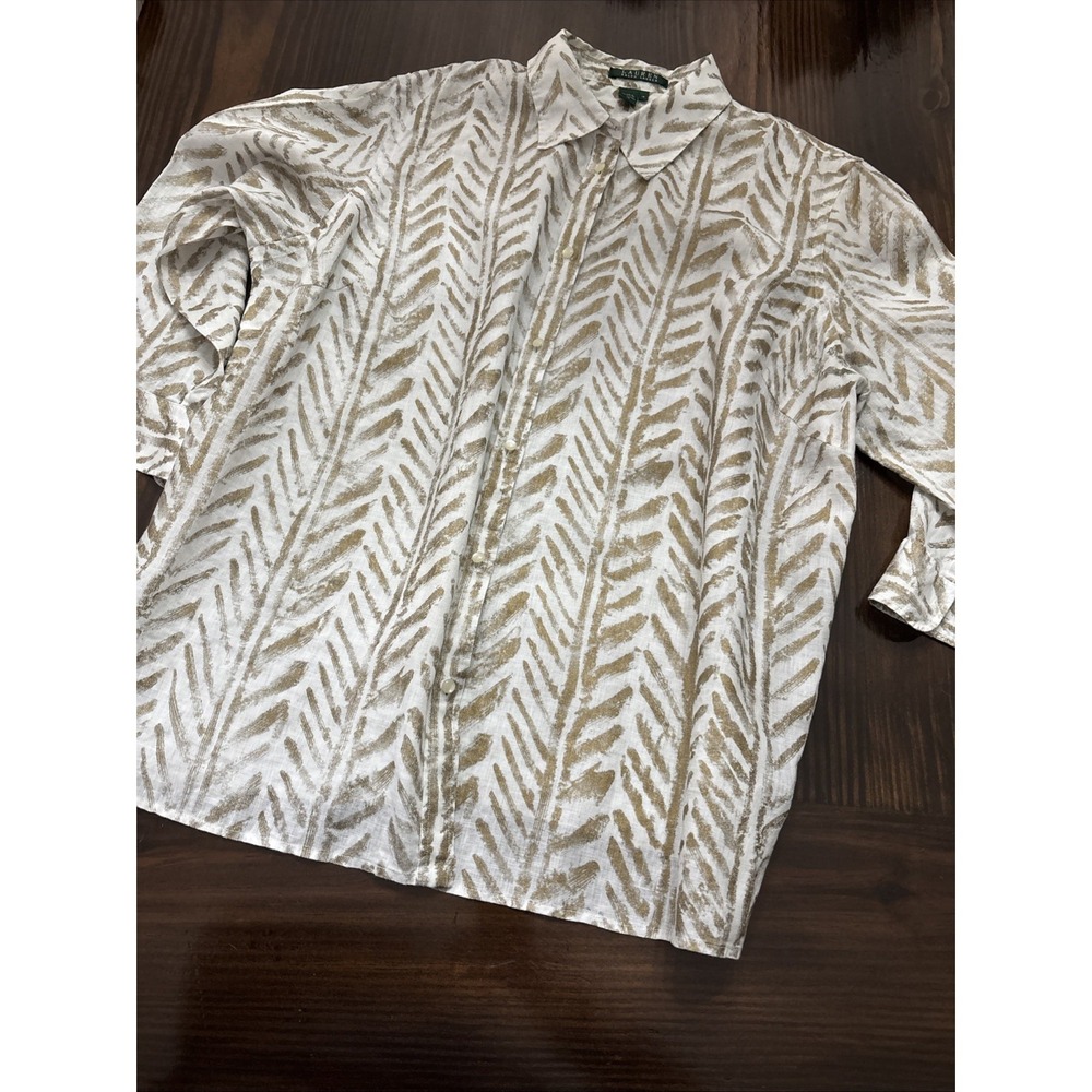 Lauren Ralph Lauren Shirt Womens Size 1X White Gold Button Up Linen 3/4 Sleeve
